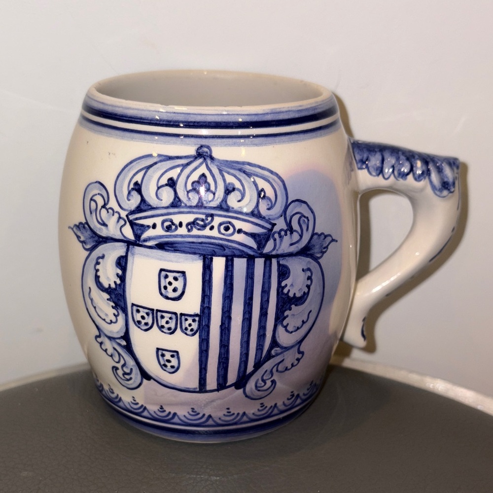 Hand-Painted Portuguese Blue & White Ceramic Mug w/ Coat of Arms, 14 Ounces